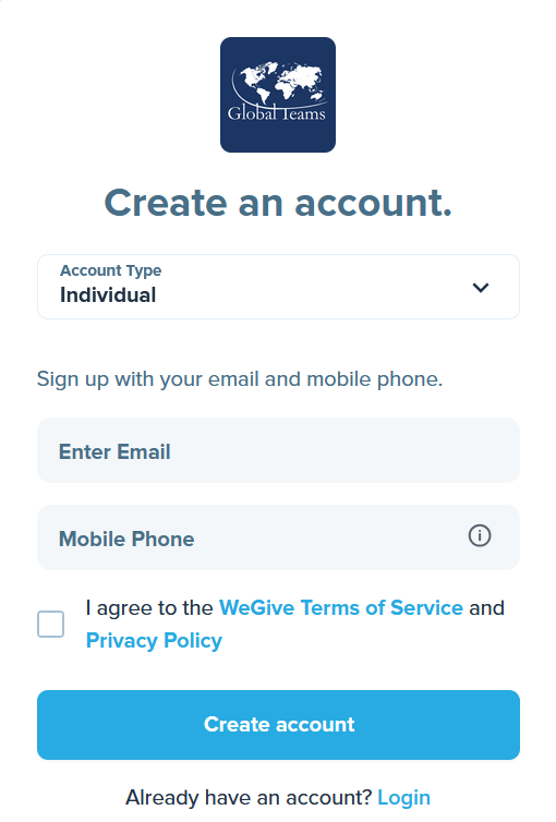 screenshot of Create an account window that prompts user to select user type enter email and mobile phone number and check agreement