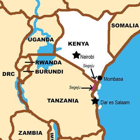 map showing location of Segeju in Kenya and Tanzania - south of Mombasa