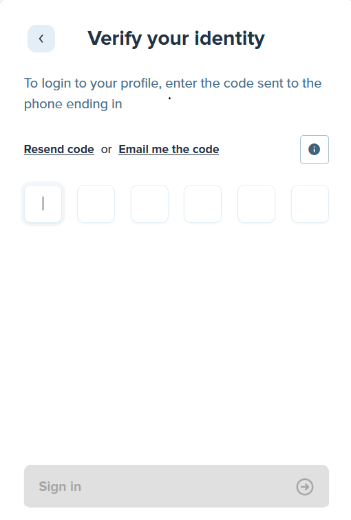 screenshot of Verify your identity window that says to login to your profile enter the code sent to the phone ending it... Resend code or email me the code